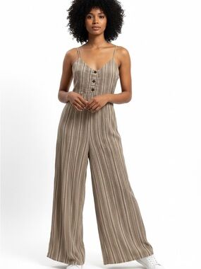 Sienna Sky striped tan beige jumpsuit wide legs smock ajustable spaghetti straps